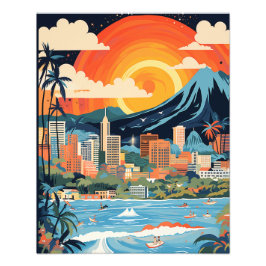 Honolulu Beach Poster felle kleuren AI gegenereerd