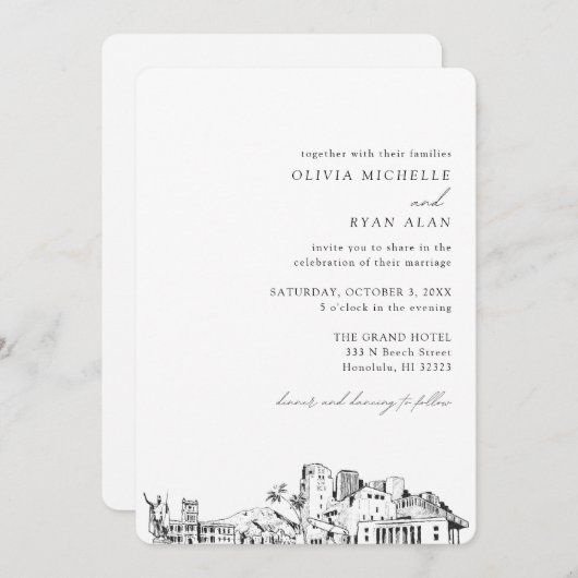 Honolulu bruiloft elegante skyline uitnodiging (Voorkant / Achterkant)