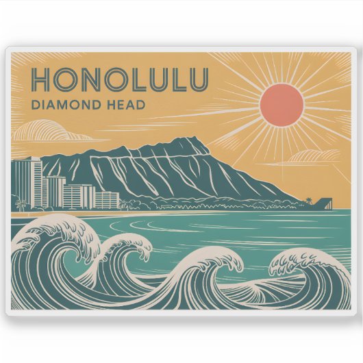 Honolulu Diamond Head Oahu Waikiki Retro Minimal Sticker (Voorkant)