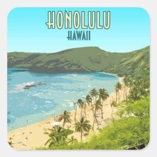 Honolulu Hanauma Bay Beach Hawaii Vintage Vierkante Sticker