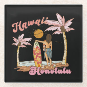 Honolulu Hawaï Retro Surf Tropisch Strand Glazen Onderzetter