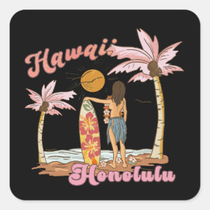 Honolulu Hawaï Retro Surf Tropisch Strand Vierkante Sticker