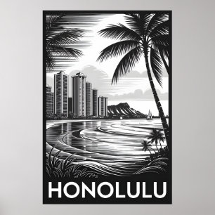 Honolulu Hawaï Skyline Zwart Wit Houtsnede Poster