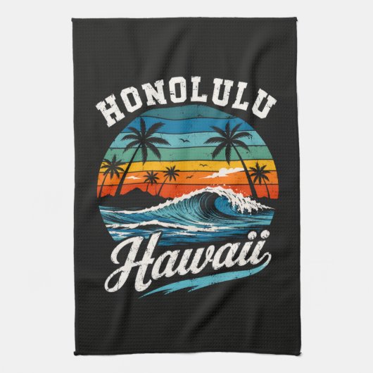 Honolulu Hawaï Surferszonsondergang Theedoek (Verticaal)