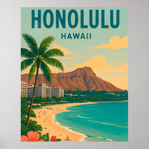 Honolulu Hawaï Tropisch Strand Reis Scene Poster