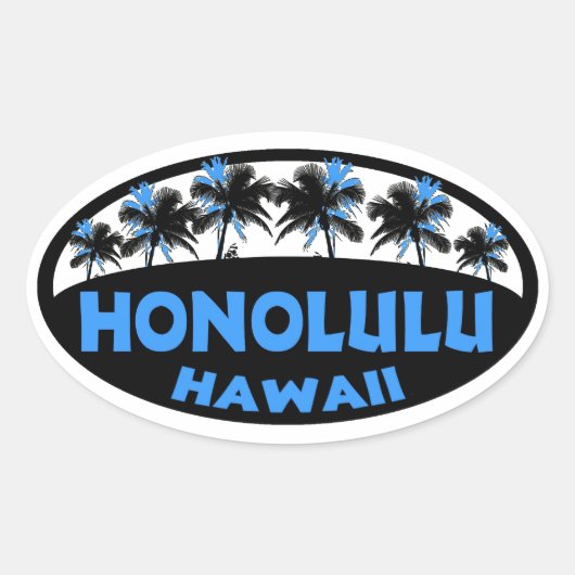 Honolulu Hawaii blauw zwarte palmen ovale stickers (Voorkant)