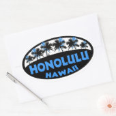 Honolulu Hawaii blauw zwarte palmen ovale stickers (Envelop)