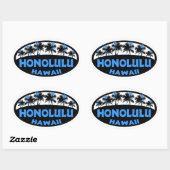 Honolulu Hawaii blauw zwarte palmen ovale stickers (Vel)