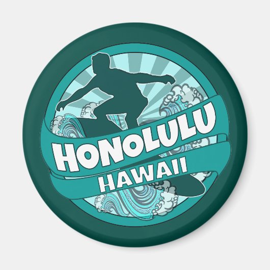 Honolulu Hawaii blauwgroen surfer logo magneet (Voorkant)