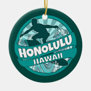Honolulu Hawaii blauwgroen surfer logo ornament