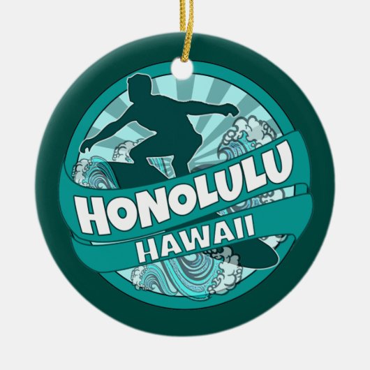 Honolulu Hawaii blauwgroen surfer logo ornament (Voorkant)