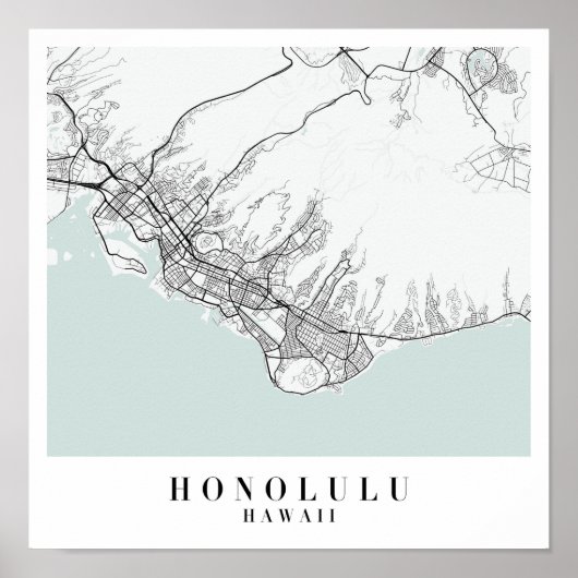 Honolulu Hawaii Blue Water Street Map Poster (Voorkant)
