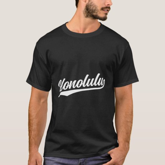 Honolulu Hawaii Cool Retro Script jaren 70 Wit Tek T-shirt (Voorkant)