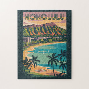 Honolulu Hawaii Illustration Travel Art Vintage Legpuzzel
