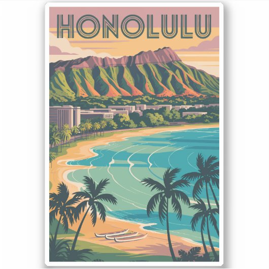 Honolulu Hawaii Illustration Travel Art Vintage Sticker (Voorkant)