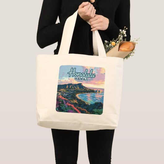 Honolulu Hawaii Oahu Waikiki Beach Diamondhead Grote Tote Bag (Voorkant (product))
