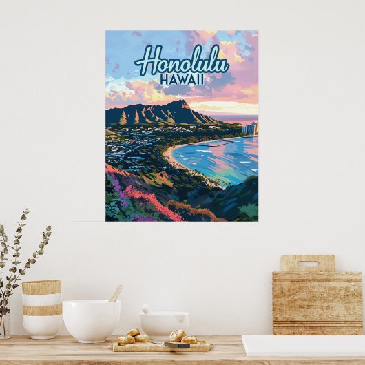 Honolulu Hawaii Oahu Waikiki Beach Diamondhead Poster (Keuken)
