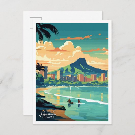 Honolulu Hawaii Reizen  illustratie Briefkaart (Voorkant / Achterkant)