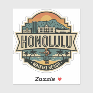 Honolulu Hawaii Skyline Beach Travel Badge Sticker