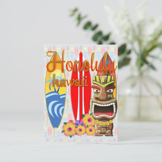 Honolulu Hawaii Tiki Surf Briefkaart (Staand voorkant)