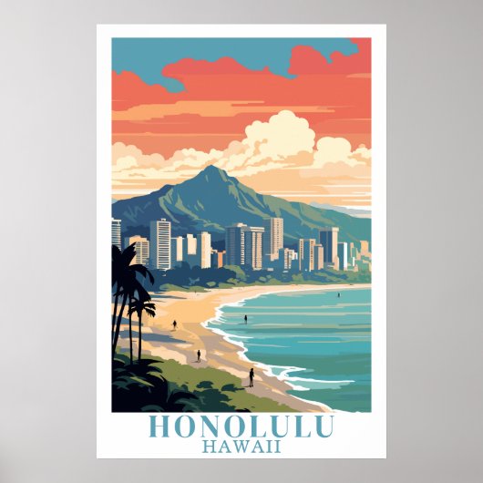 Honolulu Hawaii Vintage Travel Waikiki Beach Art Poster (Voorkant)