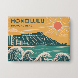 Honolulu Oahu Diamond Head Retro Mid-Century Style Button