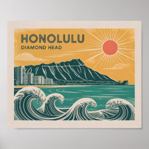 Honolulu Oahu Diamond Head Retro Mid-Century Style Poster