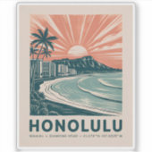 Honolulu Oahu Hawaii Waikiki Beach Retro Reizen Sticker (Voorkant)