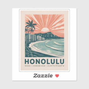 Honolulu Oahu Hawaii Waikiki Beach Retro Reizen Sticker