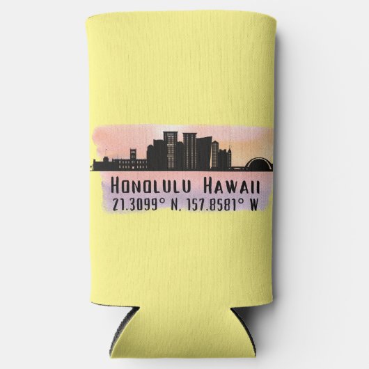 Honolulu Silhouette Breedtegraad en Lengtegraad  Seltzer Blikjeskoeler (Voorkant)