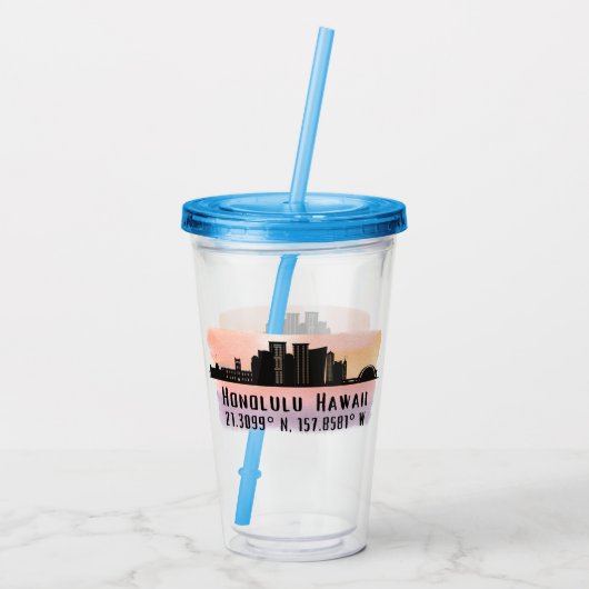 Honolulu Skyline Latitude en Lengtegraad Acryl Drinkbeker (Achterkant)