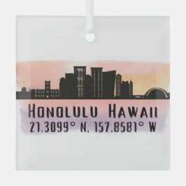 Honolulu Skyline Latitude en Lengtegraad Glas Ornament