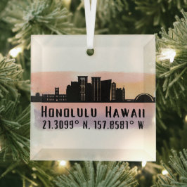 Honolulu Skyline Latitude en Lengtegraad Glas Ornament