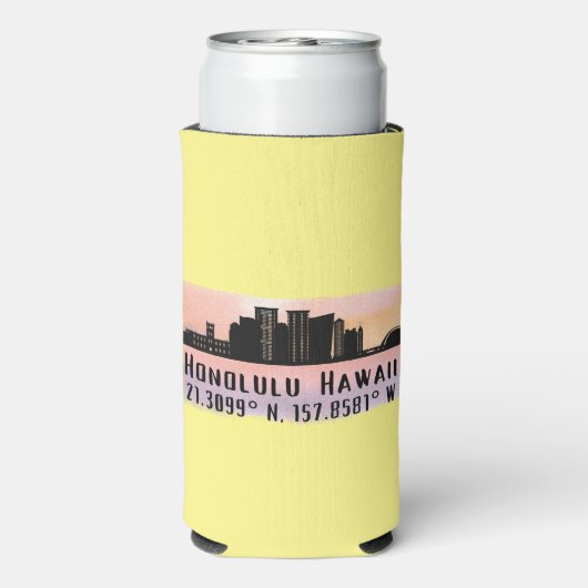 Honolulu Skyline Latitude en Lengtegraad Seltzer Blikjeskoeler (Seltzer Achterkant)