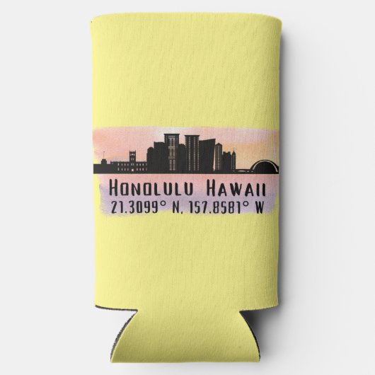 Honolulu Skyline Latitude en Lengtegraad Seltzer Blikjeskoeler (Achterkant)