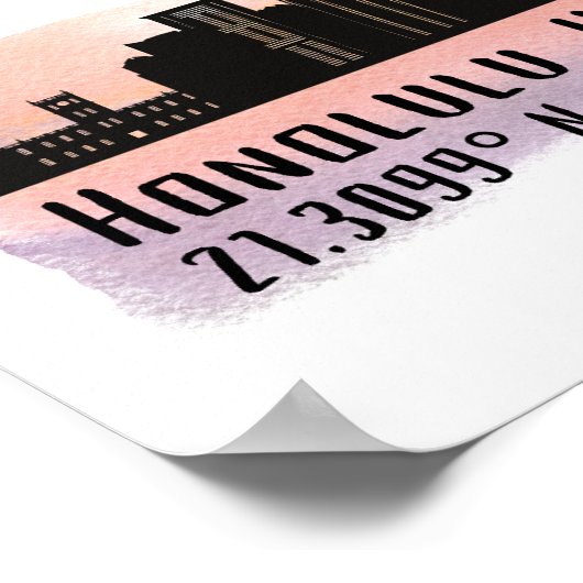 Honolulu Skyline Latitude en Longitude Print (Hoek)