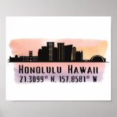 Honolulu Skyline Latitude en Longitude Print (Voorkant)