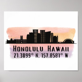 Honolulu Skyline Latitude en Longitude Print