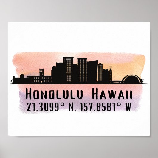 Honolulu Skyline Latitude en Longitude Print (Voorkant)