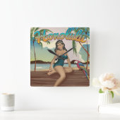 Honolulu vintage retro reisprint vierkante klok (Huis)