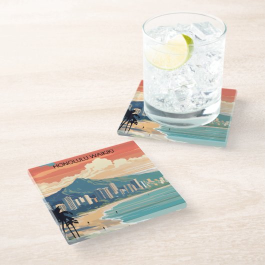 Honolulu Waikiki Beach Hawaii Panorama Uitzicht Be Glazen Onderzetter (Schuin)