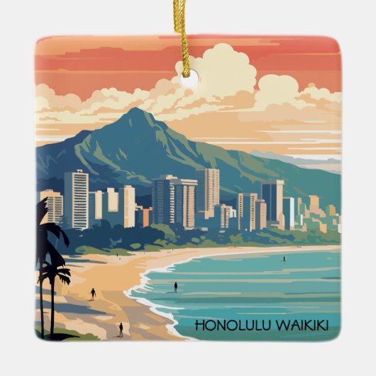 Honolulu Waikiki Beach Hawaii Panorama Uitzicht Be Keramisch Ornament (Voorkant)