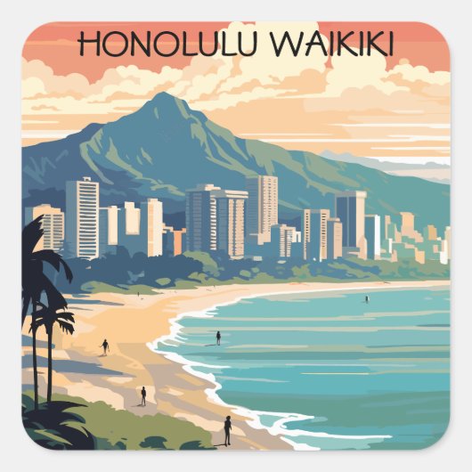 Honolulu Waikiki Beach Hawaii Panorama Uitzicht Be Vierkante Sticker (Voorkant)