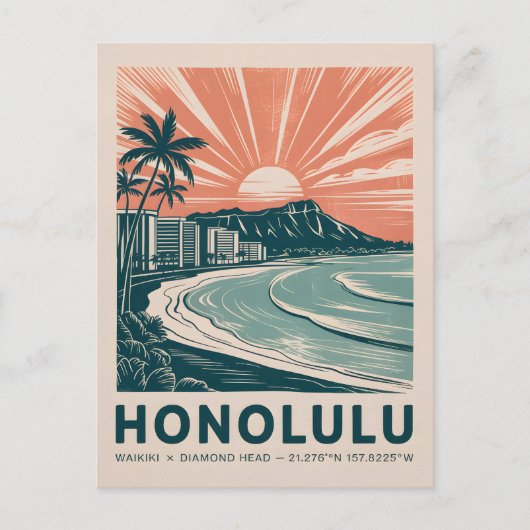 Honolulu Waikiki Diamond Head Schilderachtig Retro Briefkaart (Voorkant)