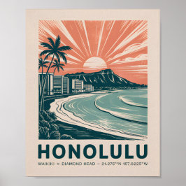 Honolulu Waikiki Diamond Head Schilderachtig Retro Poster