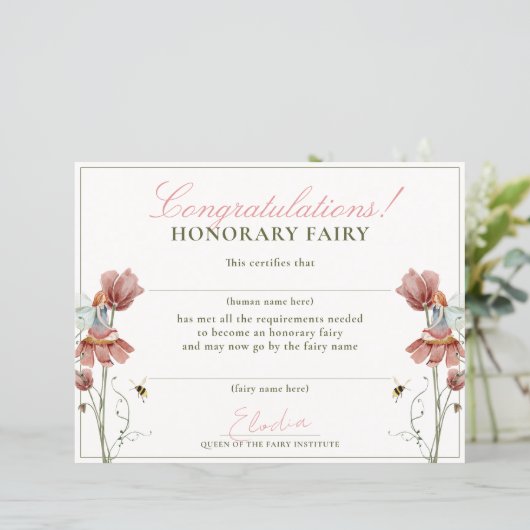 Honorary Fairy Eerste  Bloemen Certificaat (Staand voorkant)