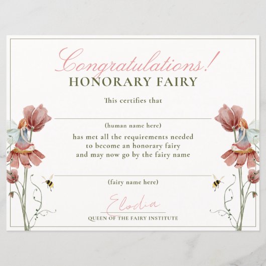 Honorary Fairy Eerste  Bloemen Certificaat (Voorkant)