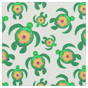 Honu Green Zee Turtles Hibiscus Flowers Stof