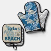 Honu Zee Schildpad Hawaiian Tapa in Blues Ovenwant & Pannenlap Set (Voorkant / Achterkant)