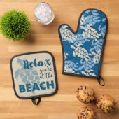 Honu Zee Schildpad Hawaiian Tapa in Blues Ovenwant & Pannenlap Set (Top down)